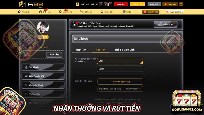 Nhận thưởng và rút tiền